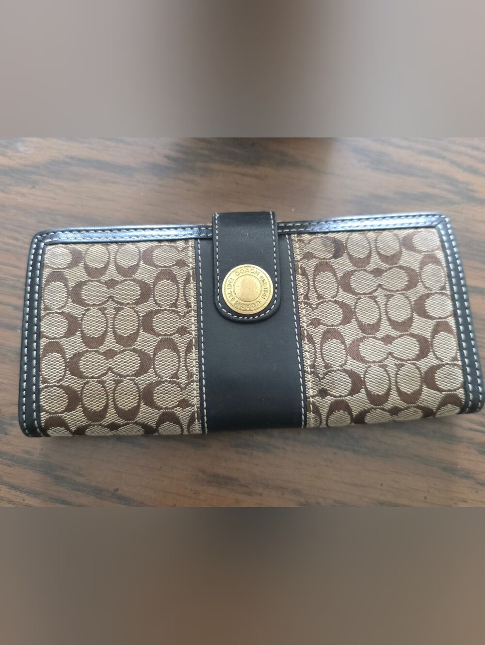 Coach Brown Signature Canvas Wallet with Black Trim and Gold Button USED